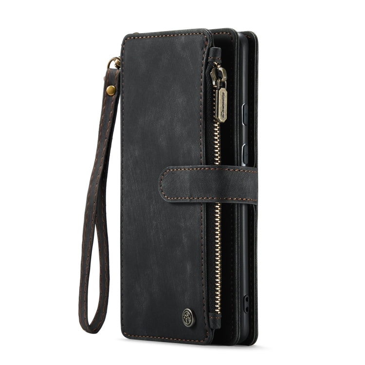 Black leather phone wallet case with wrist strap and front zipper compartment