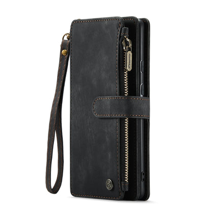 Black leather phone wallet case with wrist strap and front zipper compartment