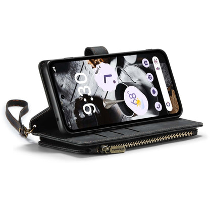 Black leather phone wallet case open with card slots and zipper closure