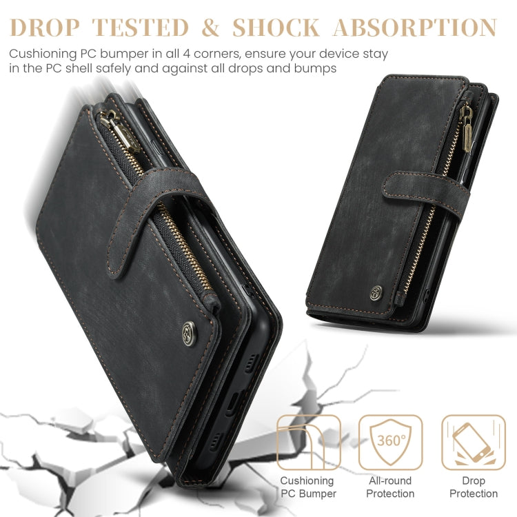 Black leather phone wallet case with wrist strap and zipper closures on corners