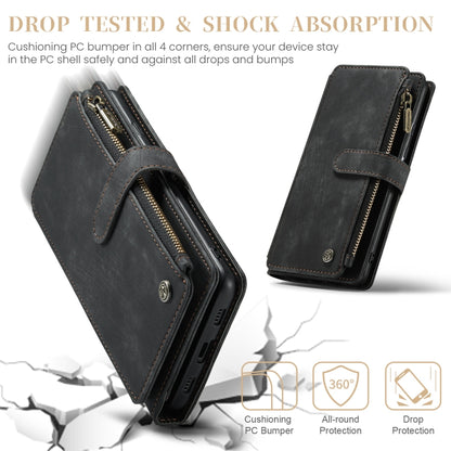 Black leather phone wallet case with wrist strap and zipper closures on corners