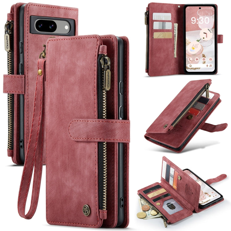 Red leather phone wallet case with wrist strap, card slots, and zipper closure