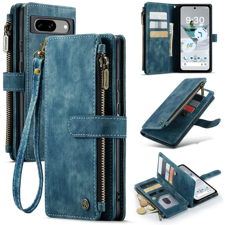 Blue leather multifunction phone wallet case with wrist strap and zipper pockets
