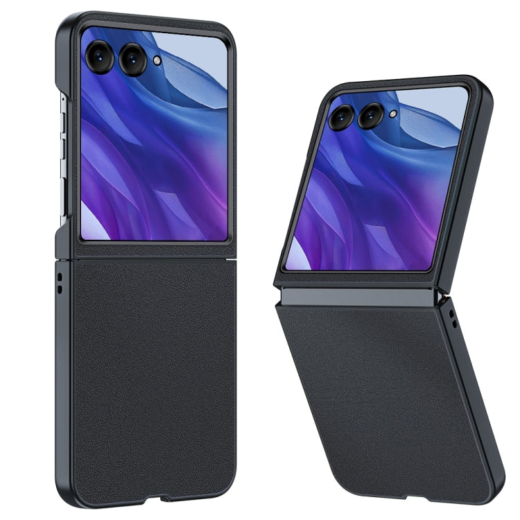Black slim leather flip phone case with camera cutouts, hinged cover design