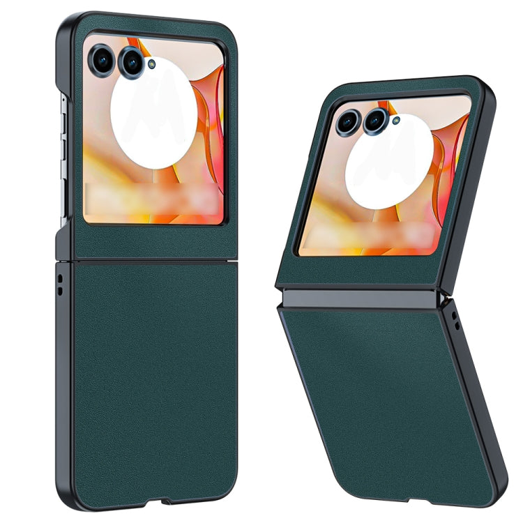 Green slim leather flip phone case with camera cutouts, hinged cover design