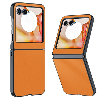 Orange slim leather flip phone case with camera cutouts, hinged cover design
