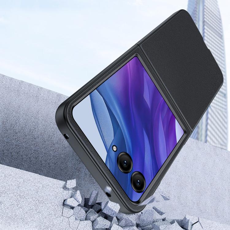Ultra-thin black leather folding phone case with flip cover and textured back.