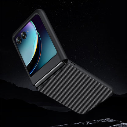 Black leather phone case with textured back, protective flap cover, camera cutouts