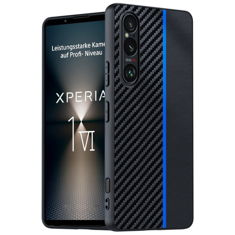 Black carbon fiber texture phone case with blue accent stripe and camera cutout
