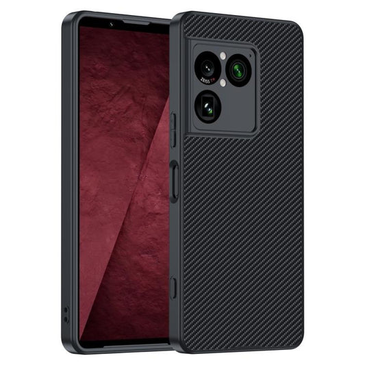 Black carbon-fiber texture phone case with camera cutouts and raised edges