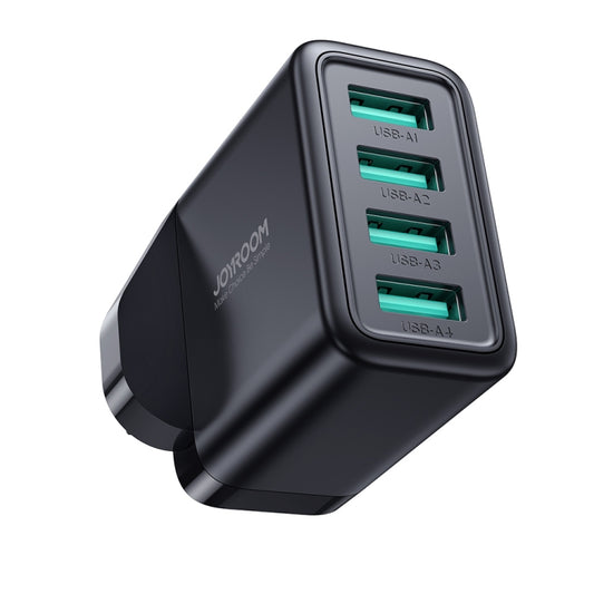 JOYROOM 4-port USB wall charger with green-lit ports, black plug