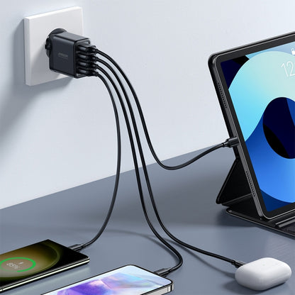 Black 4-USB wall charger with multiple connected cables