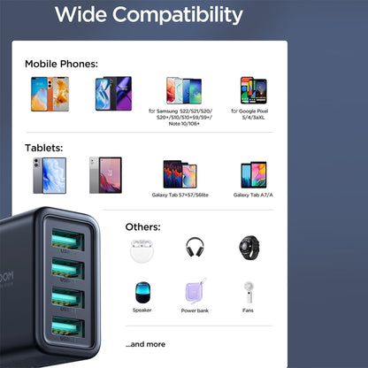 Black JOYROOM 4-USB charger shown with a compatibility chart on the package