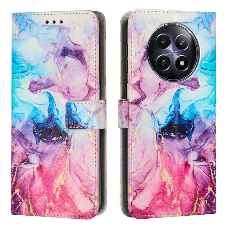 Blue and pink marble leather phone case with folio wallet and camera lens cutout