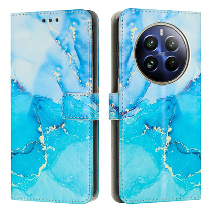 Leather flip phone case with painted marble pattern in blue and aqua, wallet style with card slots.