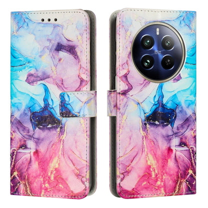 Leather flip phone case with painted marble pattern in blue, purple, and pink, wallet style card slots.