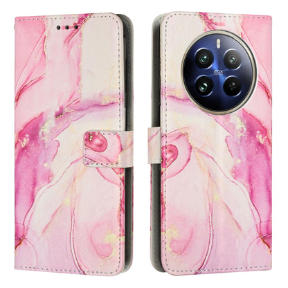 Leather flip phone case with painted marble pattern in light pink, wallet style with card slot.