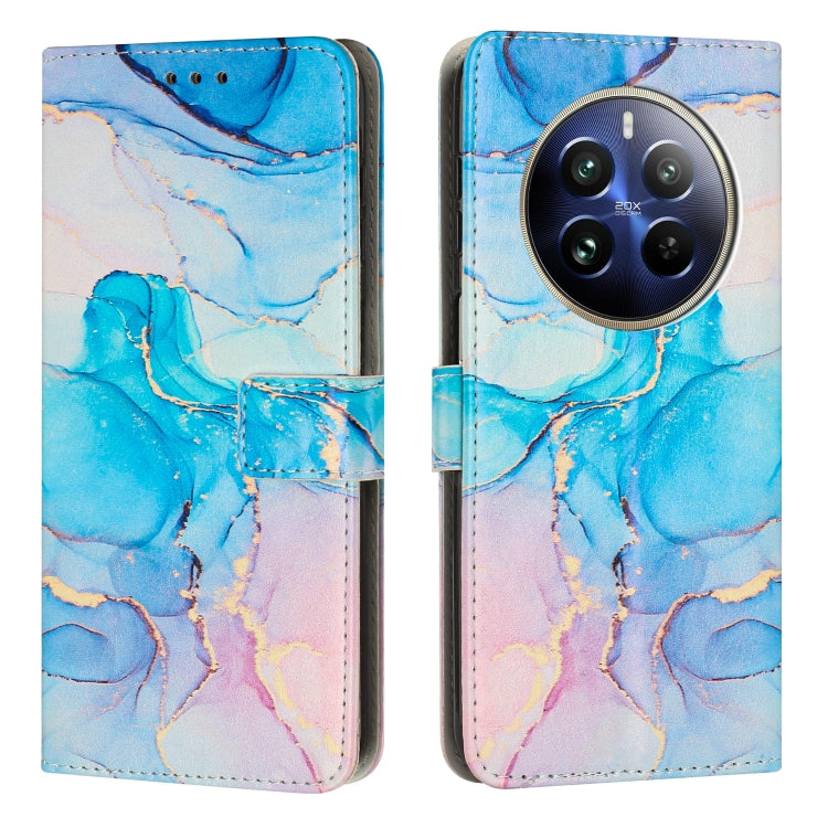 Leather flip phone case with painted marble pattern in blue and lavender, wallet style card slots.