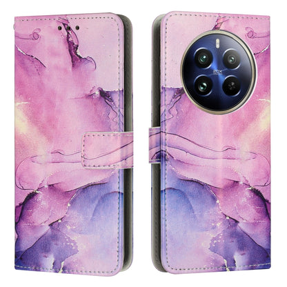 Leather flip phone case with painted marble pattern in pink and purple, wallet style with card slots.
