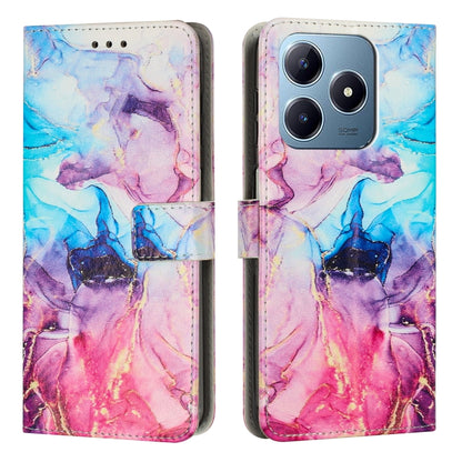 Blue pink marble leather wallet phone case with side strap and camera cutout