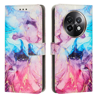 Blue pink marble leather wallet phone case with side strap and round camera lens cutout