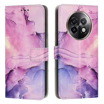 Marble pattern leather phone case in pink and purple with fold wallet strap.
