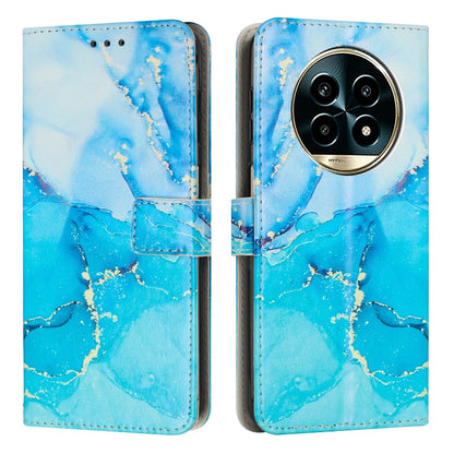 Marble pattern leather phone case in blue with fold wallet strap and camera cutout.