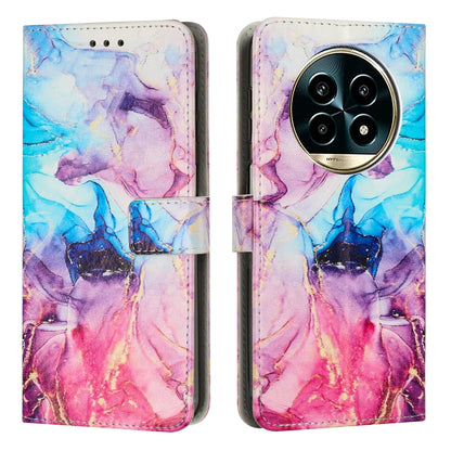 Marble pattern leather phone case in pink, purple, and blue with fold wallet strap.