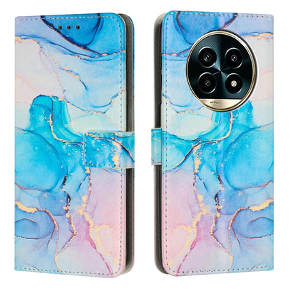 Marble pattern leather phone case in blue and purple with fold wallet strap.