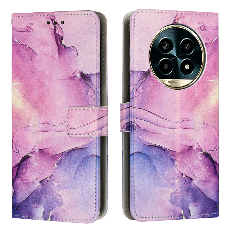 Marble pattern leather phone case in pink and purple with side camera cutout.