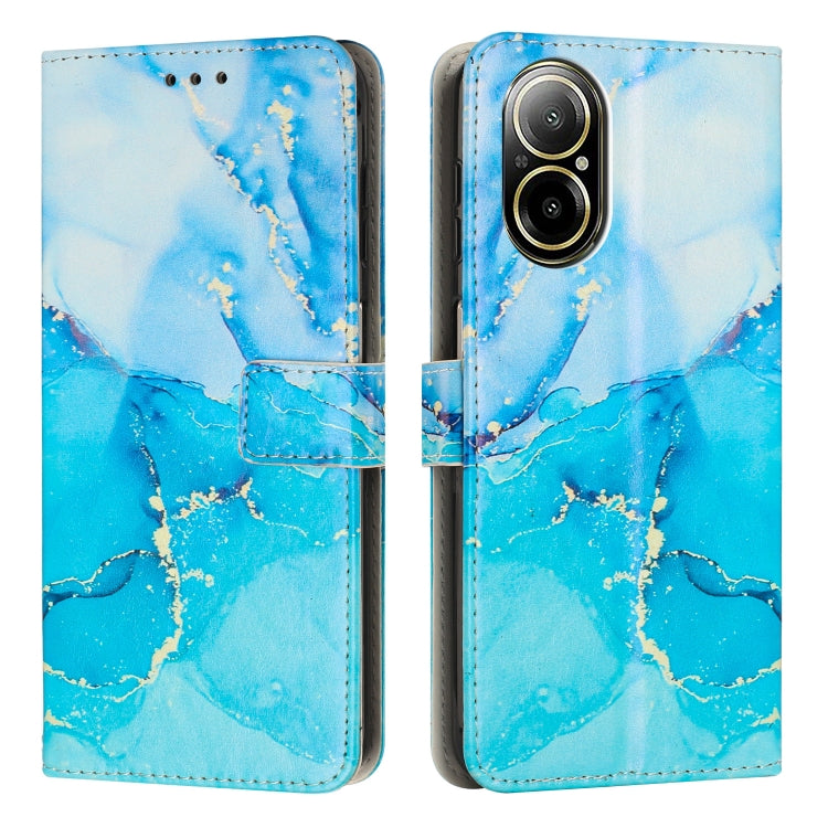 Leather flip phone case with painted marble pattern in light blue and aqua, wallet style card slots.