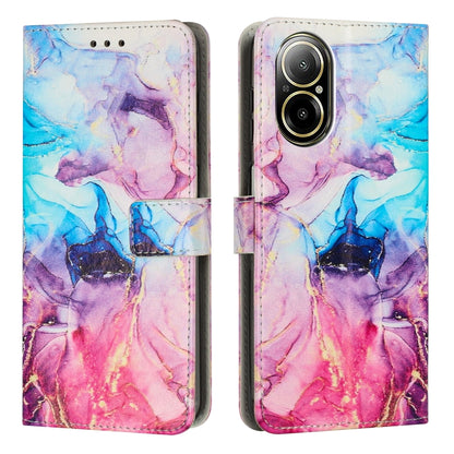 Leather flip phone case with painted marble pattern in blue and pink-purple, wallet style card slots.