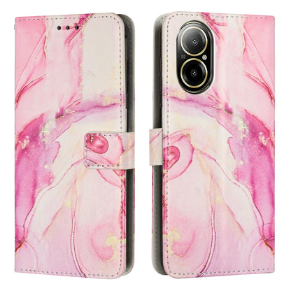 Leather flip phone case with painted marble pattern in pale pink, wallet style with card slot.
