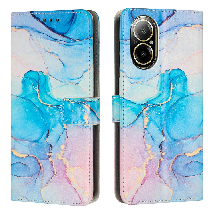 Leather flip phone case with painted marble pattern in blue and light lavender, wallet style card slots.