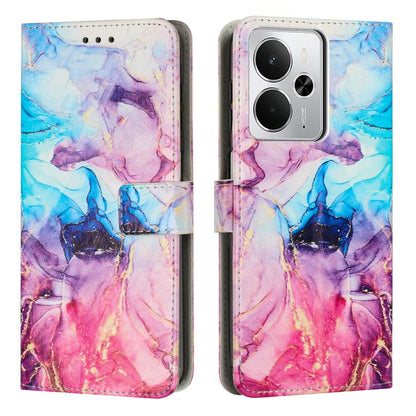 Blue and pink marble leather folio phone case with card slot and camera cutout