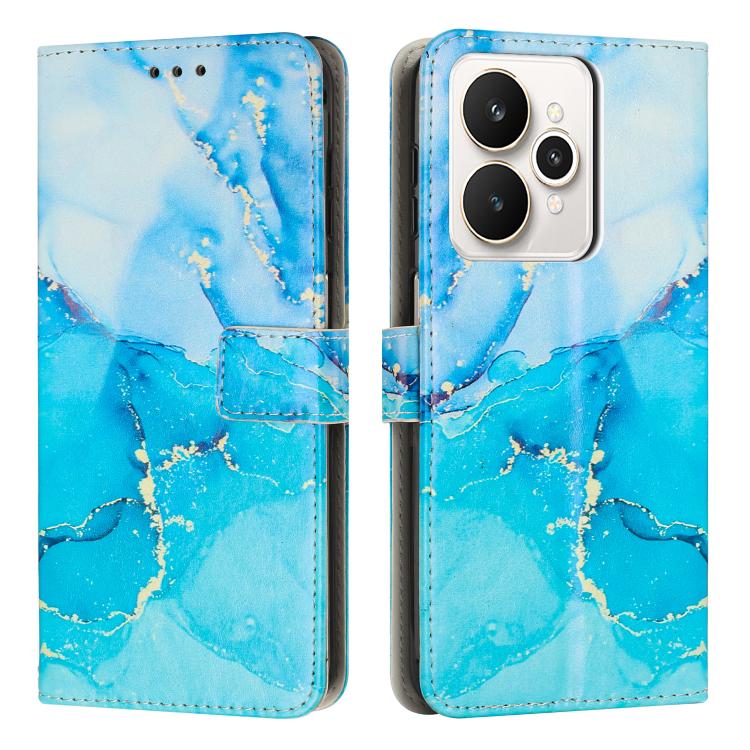Marble pattern leather phone case, blue marble finish with folio flap and camera cutout
