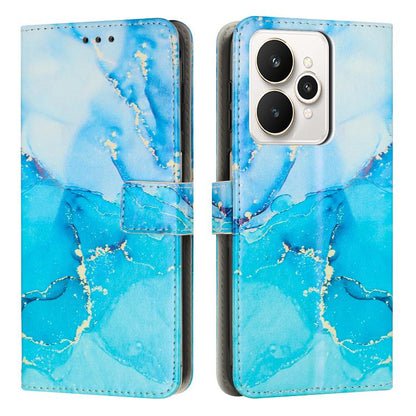Marble pattern leather phone case, blue marble finish with folio flap and camera cutout