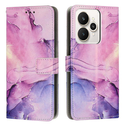 Pink-purple marble leather phone case with folio wallet, card slot and camera cutout