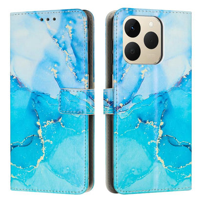 Marble patterned leather phone wallet case in blue with camera cutout and strap