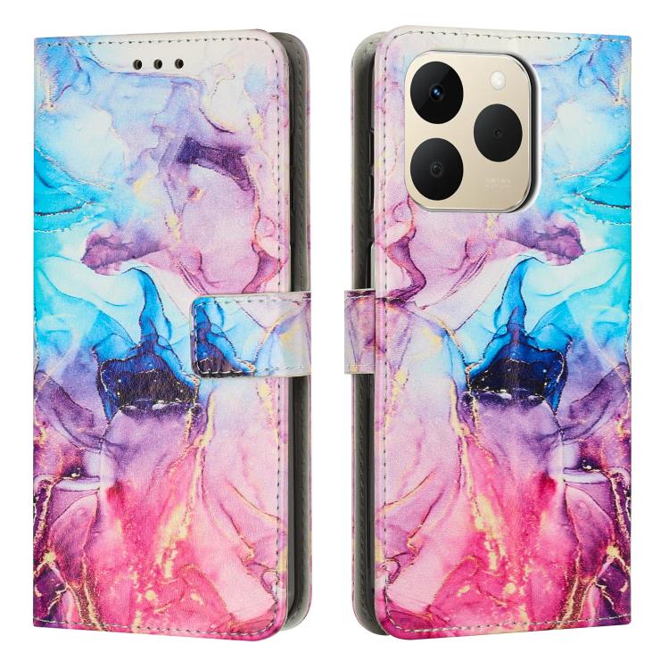 Marble patterned leather phone wallet case in blue and pink with camera cutout