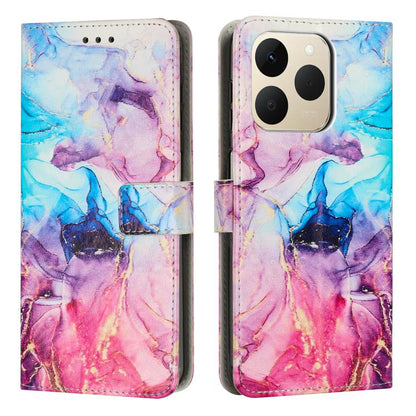Marble patterned leather phone wallet case in blue and pink with camera cutout