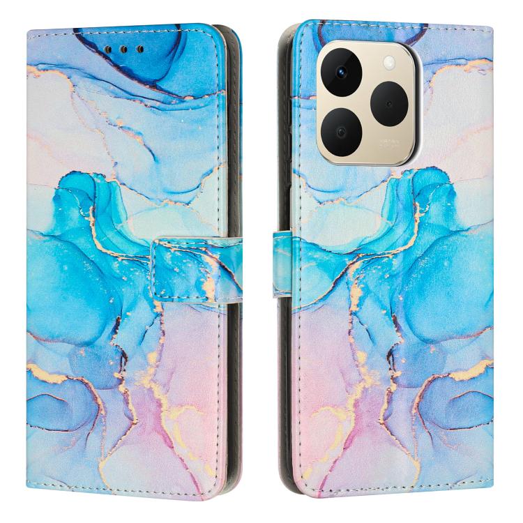 Marble patterned leather phone wallet case in blue with camera cutout and card slots