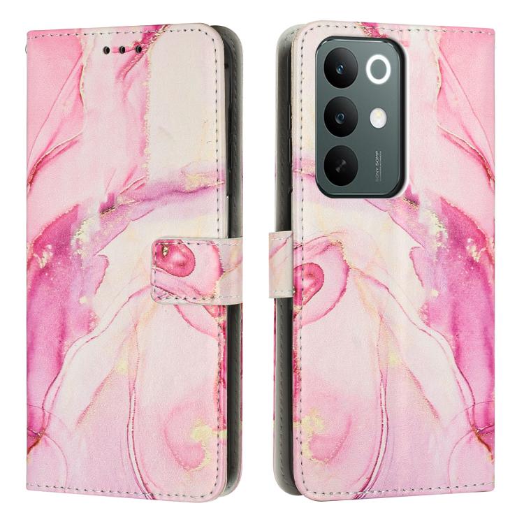 Marble patterned leather phone wallet case in pink with card slots and strap