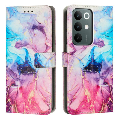 Blue, pink, and purple marble-pattern leather phone case with flip cover and cutouts.