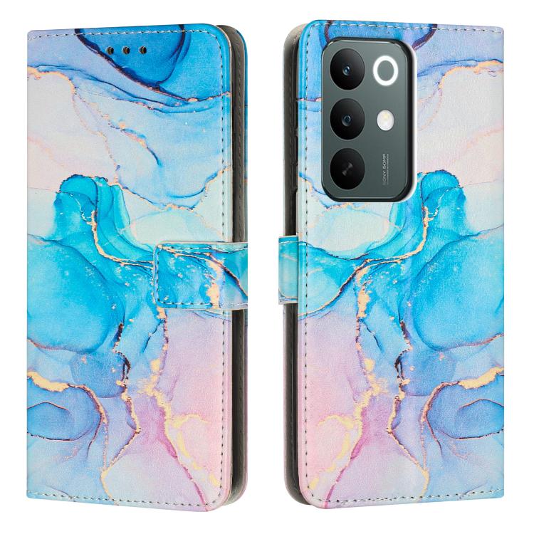 Blue and purple marble-pattern leather phone case with flip cover and back camera openings.