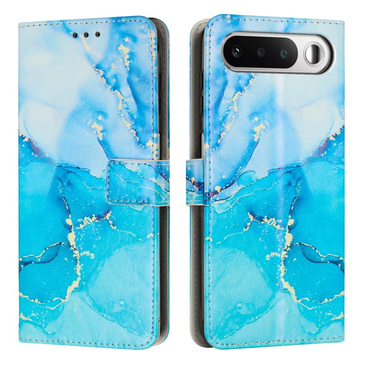 Flip wallet phone case with painted marble pattern in blue tones, leather look