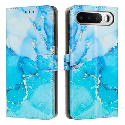 Flip wallet phone case with painted marble pattern in blue tones, leather look