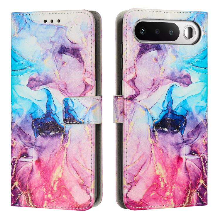 Flip wallet phone case with painted marble pattern in blue, pink, and purple, leather look