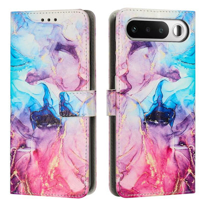 Flip wallet phone case with painted marble pattern in blue, pink, and purple, leather look