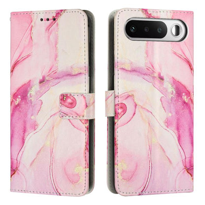 Flip wallet phone case with painted marble pattern in pink and light cream, leather look